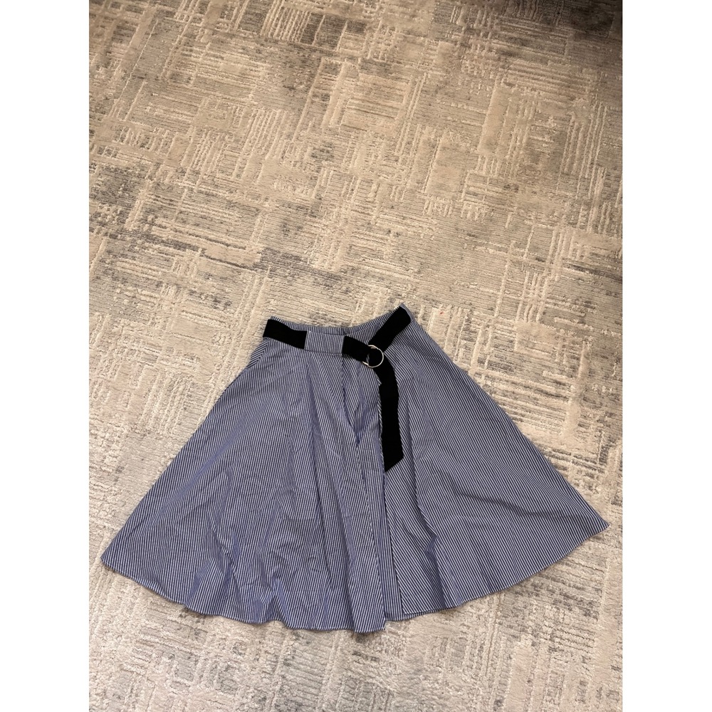 Zara Basic Blue Striped A Line Wrapped Around Skirt with Black Belt Women's